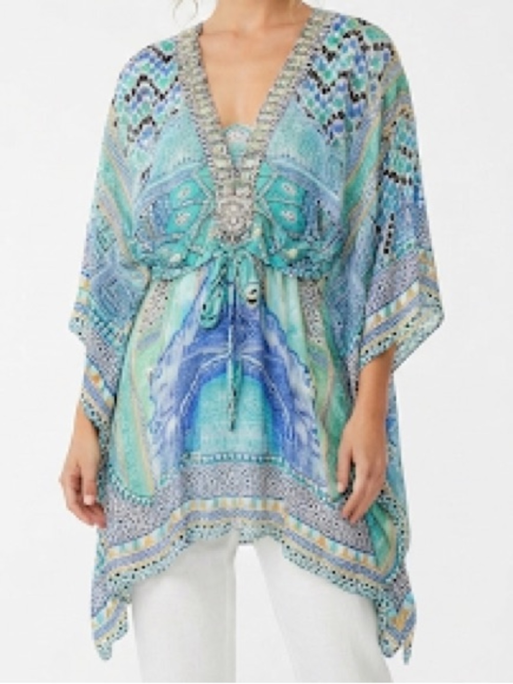 Camilla Turquoise, Aqua & Blue Embellished V-Neck Silk Kaftan Top